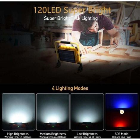 Lampe de travail LED solaire rechargeable 100 W, 120 LED, batterie externe USB étanche 12 000 mAh pour la réparation automobile, le garage et le camping. (1/4)