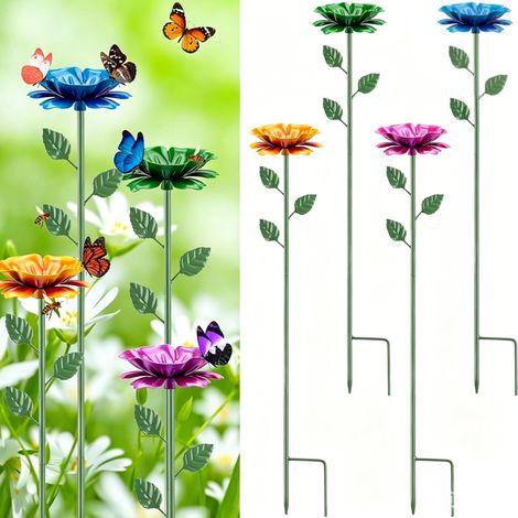 Station d'abreuvement pour abeilles en forme de fleur, lot de 4, piquets métalliques pour pollinisateurs avec bol de boisson, coupelles de nourrissage colorées pour papillons, décoration de jardin rés (1/5)