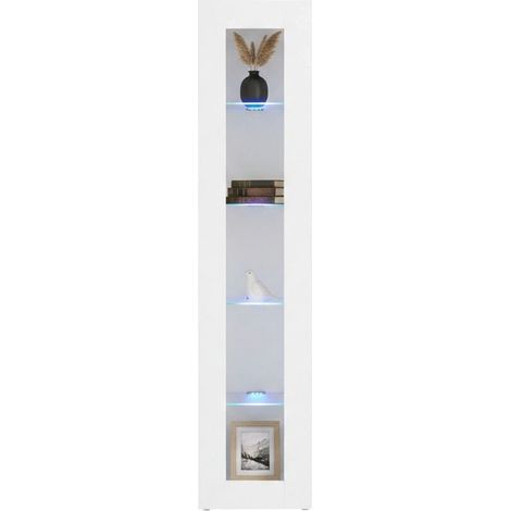 Dmora - Vetrina Aristotele, Credenza con ripiani in vetro, Mobile da soggiorno multiuso con luce LED, 100% Made in Italy, cm 40x30h180, Bianco lucido