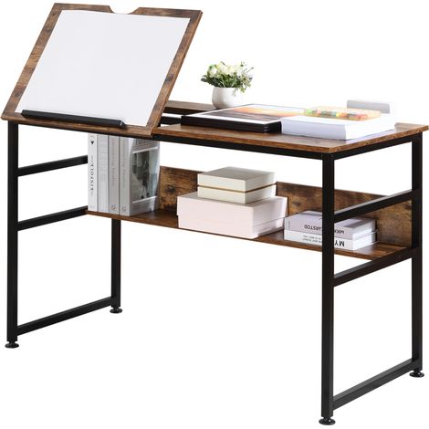 Adjustable Drafting Table Art Desk Drawing Table, Craft Desk Workstation for Painting, Multifunctional Writing Desk w/ 15-Level Tiltable Tabletop and Storage Shelf, Home Office, Rustic Brown