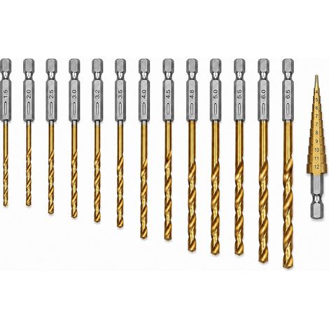 13-Piece Hex Shank Twist Drill Bit Set, HSS Hexagonal Drill Bits, Screwdriver Bits with Titanium Coating, 1.5-6.5 mm, Metal Drill Bits for Steel, Aluminum, Wood, and Plastic (1/5)