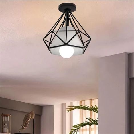 U-Do Plafonnier Luminaire Vintage Lampe Cage forme Diamant en Fer Noir E27 40W pour Salon Cuisine Bar (1/4)