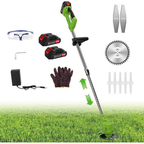 FIANAO – Coupe-herbe sans fil 21 V – 2 batteries 1500 mAh + chargeur, tige télescopique 92-122 cm – 120 × 15 × 15 cm, vert (1/5)