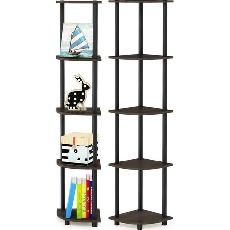 Étagère Polyvalente pour Présentoir d'Angle à 5 Niveaux, Paquet de 2, Marron foncé/Noir (1/5)