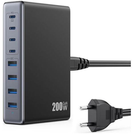 Chargeur USB C multiple 200 W, prise USB C GaN III 8 ports QC4.0 + PD chargeur rapide 65 W USB C chargeur pour ordinateur portable adaptateur secteur pour MacBook Pro/Air, iPhone, Samsung Galaxy et pl (1/5)