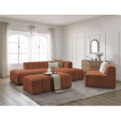 BOBOCHIC - Canapé d'angle fixe modulable ANNECY tissu bouclette avec 1 chauffeuse 1 place et 1 pouf Angle droit Orange (1/5)