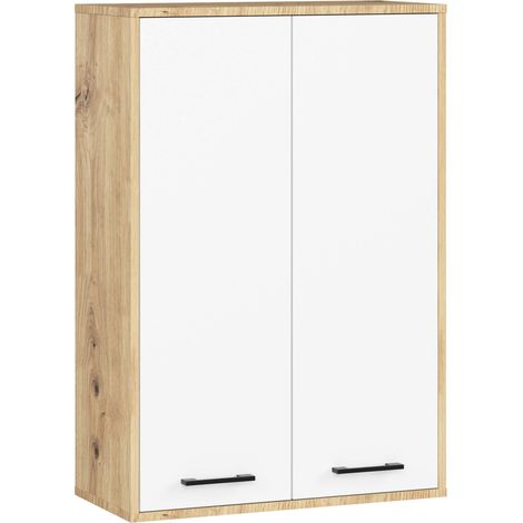 Armoire salle de bains suspendue AKORD FIN Chêne Artisan 64 cm 2 portes pleine Blanche 4 étagères 64x30x94 cm (1/5)