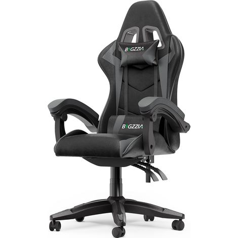 Xhomrattan – Ergonomischer Gaming-Stuhl, 90°–155° Neigungswinkel – PU-Leder, abnehmbare Kopfstütze und Lendenkissen – Maximale Belastung 110 kg – 360°-Rollen – Grau