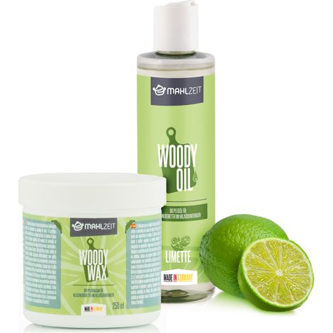 Set para el cuidado de la madera WOODY WAX de cera de abejas   WOODY OIL para tablas de cortar, aroma de lima