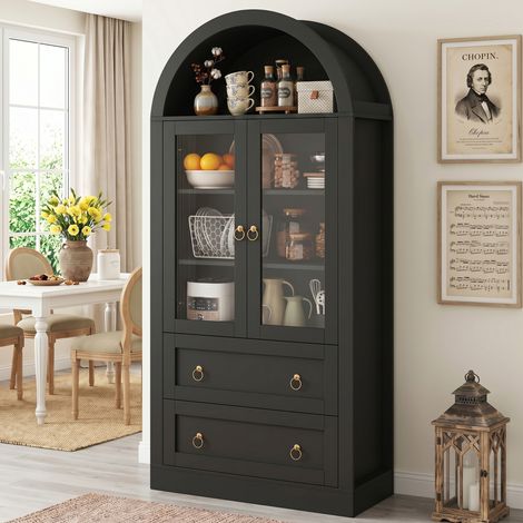 Armoire de rangement haute cintrée (80 x 36 x 170 cm) avec tiroirs et portes, pour cuisine et salon, portes vitrées, noire (1/5)