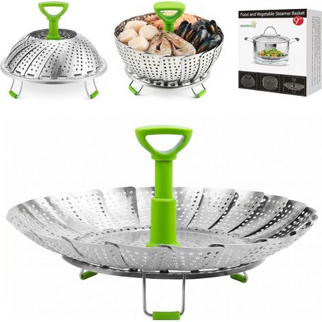 Panier vapeur pliable en acier inoxydable de 9 pouces, cuiseur鈥憊apeur style chrysanth猫me avec poign茅e extensible, accessoire de cuisson 脿 la vapeur pour autocuiseur (1/5)