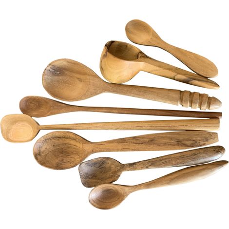 Lot de 8 Cuillères en Bois de Teck Ustensiles de Cuisine pour Cuisson et Service - PANGIVO