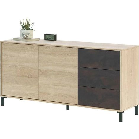 Mobimarket – Buffet industriel en chêne canadien – 2 portes et 3 tiroirs – Dimensions 154 x 41 x 74 cm – Système d'ouverture PUSH (1/10)