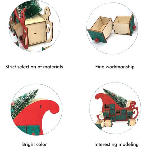 Calendrier de l'Avent en bois en forme de traîneau et sapin de Noël, 24 tiroirs avec lumière LED, décoration de fête de Noël (1/4)