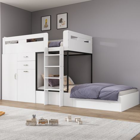 MODFU – Litera infantil 90x200 cm de MDF y multicapa con escritorio deslizante, armario, cajones, estantes y carga 120 kg por cama – Blanco y negro (1/5)