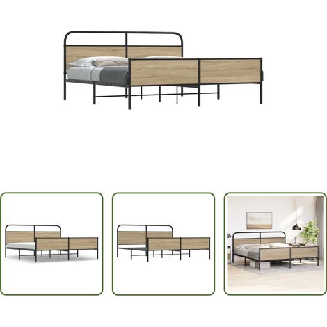 vidaXL Sommier à lattes - Cadre de lit en métal sans matelas chêne fumé 150x200 cm (1/5)