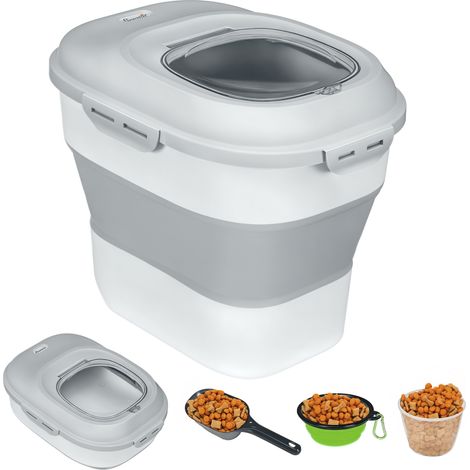 Conteneur à croquettes gris 25 L à roulettes avec verre doseur et gamelle pliable, accessoire design sobre pour chien pratique et mobile