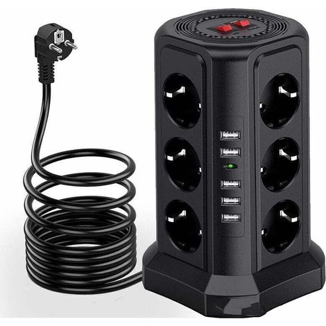 Tour multiprise parafoudre et surtension, Multiprise Electrique avec 5 Ports USB et 12 Prises, multiprise avec et 3 Interrupteurs, Noir (1/4)