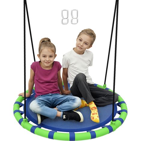Balançoire ronde bleue et verte Ø100 cm avec hauteur réglable, capacité 150 kg, jeu extérieur design sobre pour jardin pratique et robuste (1/5)