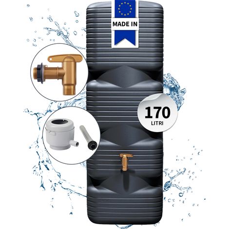 4rain QUADRO serbatoio da parete set completo 170 litri grigio grafite incl. rubinetto in plastica e raccordo pluviale