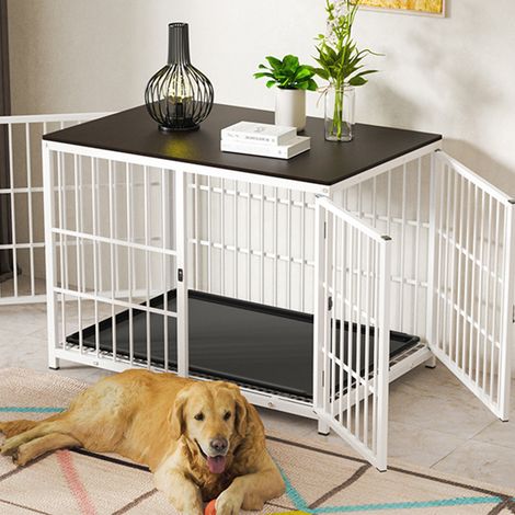 BingoPaw Jaula Perro Metalica con Mesa Madera Cuerpo Conectable, (91x63x75cm, Blanco)