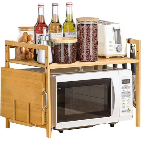 Étagère pour micro-ondes, en bambou, avec 4 crochets et support de planche à découper, support multifonction en bois pour cuisine