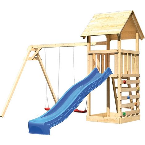 Akubi Lotti Satteldach natur Rutsche blau+DS+Kletterwand