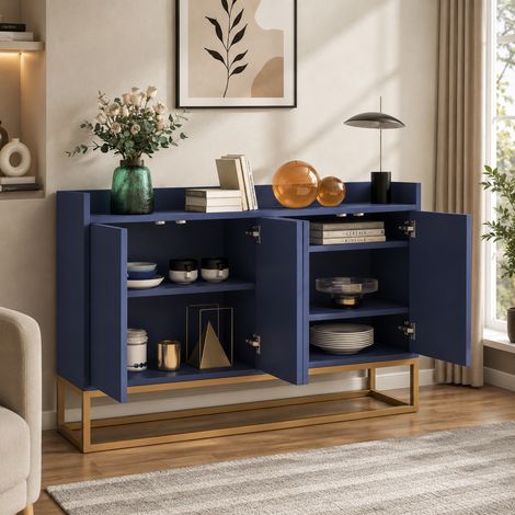 Buffet 120×30×80cm avec 4 portes d'armoire, buffet multifonctionnel avec étagères réglables, meuble de rangement de cuisine,pieds en métal, pour cuisine, salon et salle à manger, MDF, Bleu