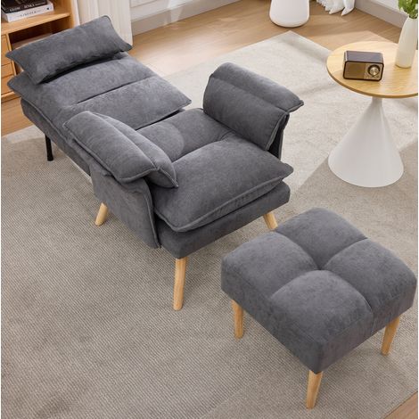 Poltrona relax 85 x 78,5 x 112 cm con poggiapiedi, schienale reclinabile in 5 posizioni, rivestimento in lino grigio, gambe in legno - grigio (1/5)