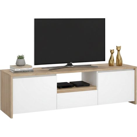 Dmora - Mobile porta TV Ambivere, Credenza da soggiorno, Armadio basso per TV, Base parete attrezzata, 179x48 h52 cm, Rovere e Bianco lucido