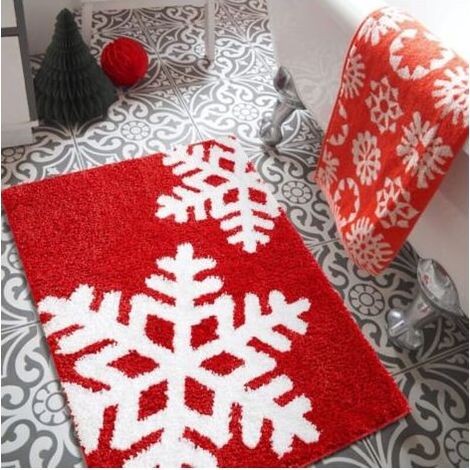 Tapis de bain rouge et blanc à flocons de neige, 40 cm x 60 cm, antidérapant, lavable en machine, doux et absorbant, motif hivernal et festif, 60 x 90 cm (1/4)