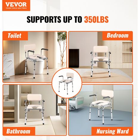 Chaise Percée, Chaise de Nuit avec Siège Rembourré et Accoudoirs Rabattables, Siège de Toilette Hauteur Réglable sur 7 Niveaux, Seau Amovible 5,8 L, Facile à Assembler, Capacité Charge 158,8 kg (1/5)