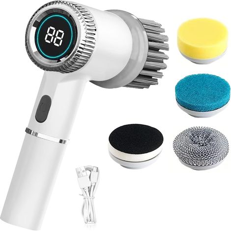 Brosse de nettoyage électrique, brosse rotative avec 5 têtes de brosse interchangeables, brosse électrique puissante avec affichage LED, brosse de nettoyage portable pour salle de bain et cuisine (1/5)