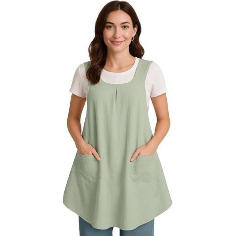 Tablier avec Poche en Coton et Lin, Tablier Japonais pour Jardinage, Peinture, Vert (1/4)