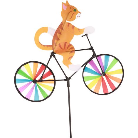 Moulin à vent vélo chat jaune - Décoration de jardin girouette animal