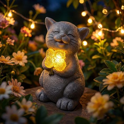 Statue Chat avec Tournesol Solaire - Décoration Jardin Extérieur Cadeau et Fête des Mères pour Femme, Maman, pour Amateurs de Chats, Idéal Cour, Pelouse (1/5)