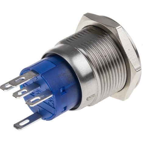 Bouton-poussoir, Verrouillable lumineux, LED Bleu, Unipolaire à deux directions (1RT), 5 A, Argent, Montage panneau 24V ( Prix pour 1 ) (1/2)