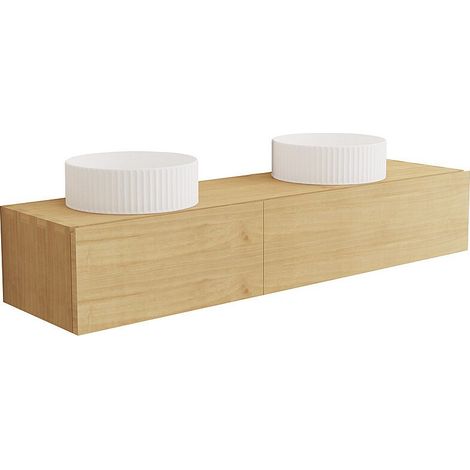 Meuble de salle de bain suspendu en bois de mindi avec double vasque à poser striée en céramique - 150 cm - TIDORE (1/4)
