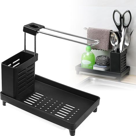 Estante organizador para fregadero, no requiere taladrar, incluye soporte para detergente, apto para cocinas y baños, con bandeja de drenaje, toallero y ganchos.