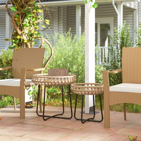 Ensemble de 2 tables chevet en rotin poly Ø60/41 cm ronde jardin imperméable avec pattes X, coussinets réglables marron