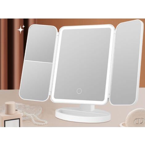 QORVA-Miroir Maquillage Lumineux, 2X/3X Miroir Grossissant Lumineux, Miroir Pliable, Rotation à 180°, Alimentation USB, Interrupteur Tactile, Luminosité Réglable, Blanc