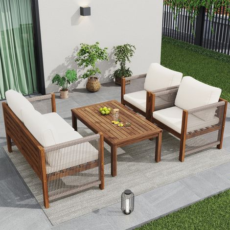 Salon de jardin, Ensemble table et chaises de terrasse 4 places avec canapé double et 2 fauteuils, Corde tressée et bois d'acacia style bohème chic, Beige