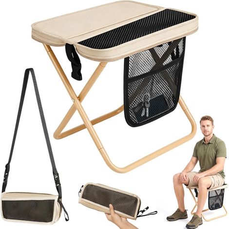 Tabouret pliant portable, tabouret de camping pliable avec sac de rangement, pour voyage, pique-nique, trekking, pêche, jardin, plage (beige) (1/5)