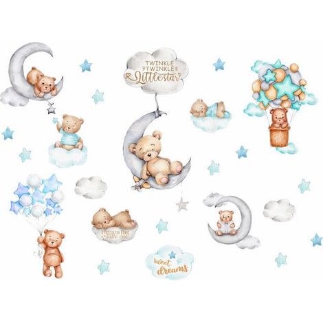 [NIEMALS VERWENDET] Wandaufkleber für Kinder, schlafender Bär, Wandtattoo, Ballon, Tiere, Mond, Sterne, Wanddekoration für Kinderzimmer, Babyzimmer, Wohnzimmer