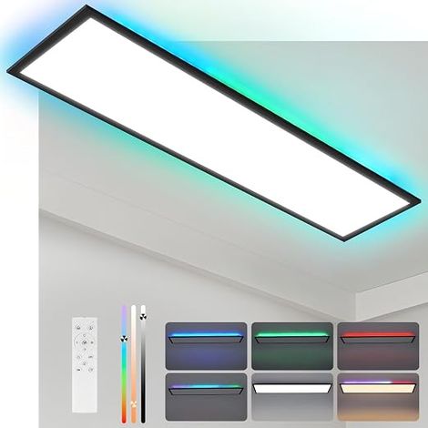 GBLY LED Panel 120x30 Dimmbar Lang flach Deckenleuchte RGB Farbwechsel Deckenpanel mit Fernbedienung 36W Schwarz Groß Rechteckig Bürolampe für Spielzimmer Büro Wohnzimmer (1/5)