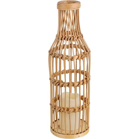 Jarron trenzado de ratan con vela a pilas natural, D14x44,5cm (1/5)