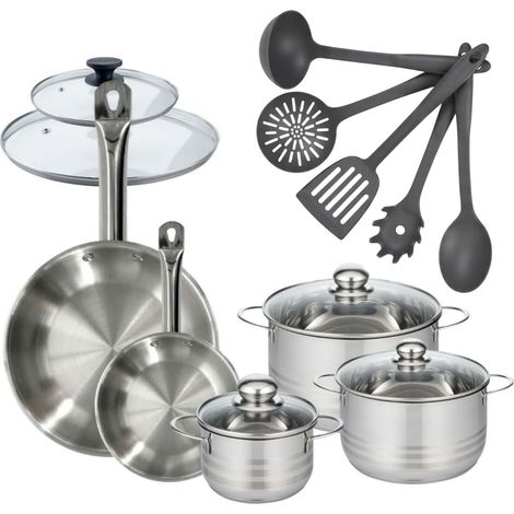 Batterie de cuisine Etherna Brillant Clip avec 3 faitouts et 2 poêles en inox 7 ustensiles de cuisine avec couvercles Fackelmann Etherna Brillant Clip avec couvercles