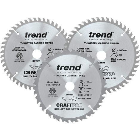 TREND Confezione tripla di lame circolari CraftPro TCT da 160 mm, contiene il CSB/16024A, il CSB/16048A, e il CSB/PT16048A, Punta in carburo di tungsteno, CSB/160/3PK/A, Confezione da 3 (1/4)