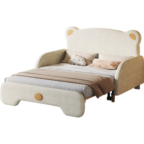 Lit double en forme d’ours, lit rembourré en velours beige, avec lit gigogne, bords de protection doux et lattes bois, pour enfant et chambre CHICFURN (1/5)