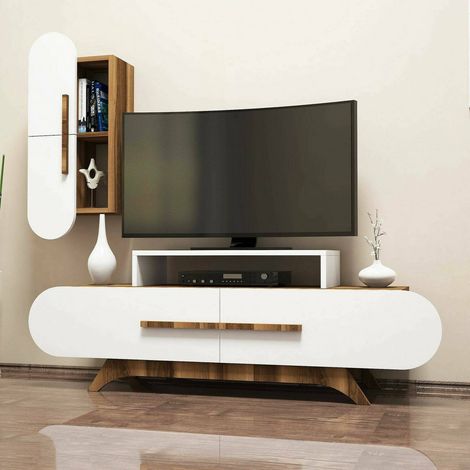Dmora - Parete attrezzata Ifigenia, Composizione soggiorno, Mobile salotto multiuso, Armadio porta TV, 145x37h50 cm, Noce e Bianco (1/5)